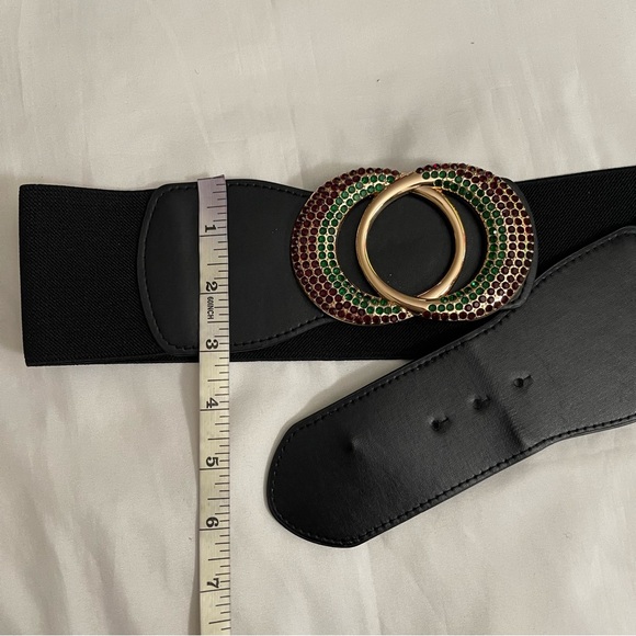 Black PU leather double circle buckle with rhinestones elastic waistband belt - Picture 8 of 11